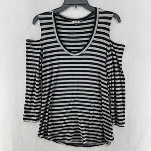 Jude T-Shirt Women's Sz S Black Striped Cold Shoulder Scoop Neck 3/4 Sleeves